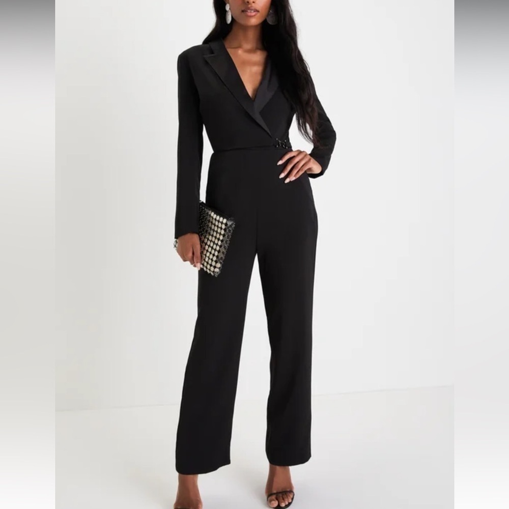Lulu's Impressive Presence Black Collared Straight Leg Jumpsuit Size XL